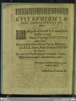 Epitaphium Lapidi Sepulchrali Incisum