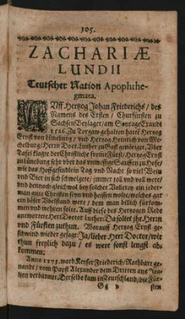 Zachariae Lundii Teutscher Nation Apophthegmata.