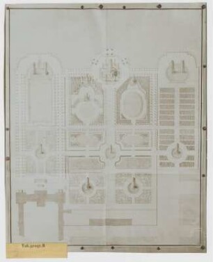 Potsdam, Stadtschloss, Lustgarten : Potsdam, Stadtschloss, Lustgarten mit Lageplan von Schloss und Orangerie, unbekannter Zeichner, nach 1701. Feder, Pinsel in Wasserfarbe/Papier. Maßstab ohne Maßeinheit.