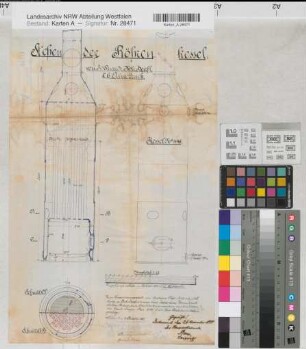 Vorhelm (Ahlen) Grube Frigge Kesselanlage stehender Röhrenkessel Grundriß, Schnitt 1888 1 : 15 46 x 30 Zeichnung Bergämter Nr. 5366