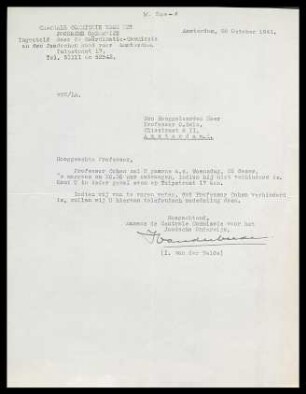 [Brief von I. van der Velde an Otto Selz vom 20. Oktober 1941]