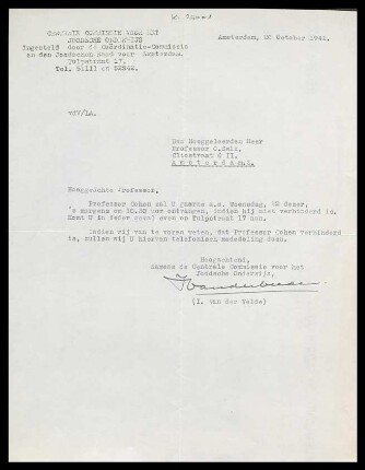 [Brief von I. van der Velde an Otto Selz vom 20. Oktober 1941]