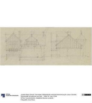 Darmstadt, Stallgebäude mit Kutscherwohnung für Julius Glückert, Skizzenblatt mit Aufrissen der Süd und Ostfassade