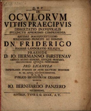De oculorum vitiis praecipuis dissertatio inauguralis : succinctis aphorismis comprehensa