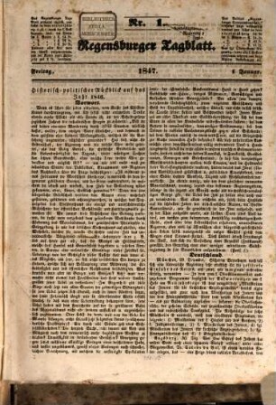 Regensburger Tagblatt : Kampf-Organ für nationale Freiheit und soziale Gerechtigkeit. 1847 = Jg. 10, 1 - 6
