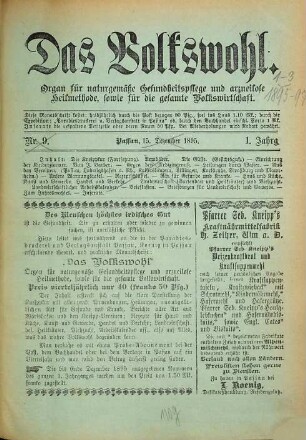 Das Volkswohl : Organ für naturgemäße Gesundheitspflege und arzneilose Heilmethode, sowie für die gesamte Volkswirtschaft. 1. 1895