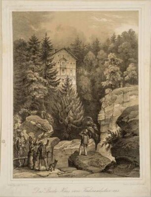 Auf der Bastei, Blick vom Ferdinandfelsen auf den Berggasthof