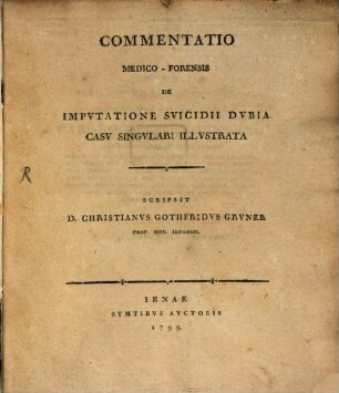Commentatio Medico-Forensis De Impvtatione Svicidii Dvbia Casv Singvlari Illvstrata