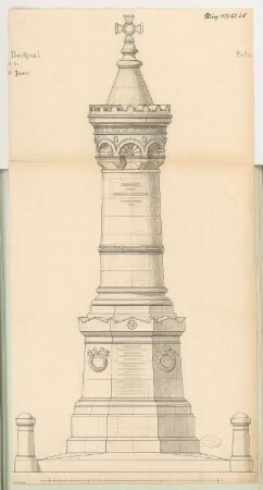 Gefallenendenkmal, Jauer Monatskonkurrenz März 1877: Aufriss Vorderansicht; Maßstabsleiste