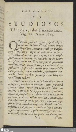 Paraenesis Ad Studiosos Theologiae, habita Franekerae, Aug. 22. Anno 1623
