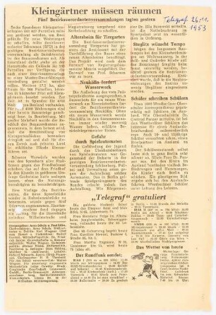 Altersheim Tiergarten, Berlin: Zeitungsnotiz Telegraf 26.11.1953