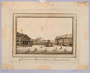 Dresden, der Neustädter Markt nach Westen, Blick auf das Reiterstandbild August des Starken (Goldener Reiter), rechts Teil des Neustädter Rathauses, links die Neustädter Wache (Blockhaus)
