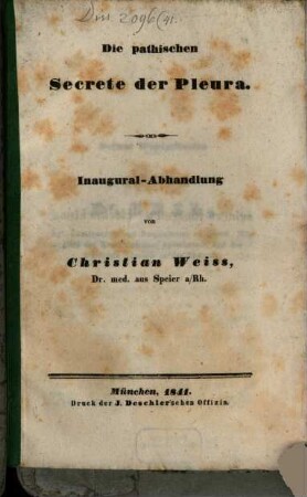 Die pathischen Secrete der Pleura : Inaugural-Abhandlung