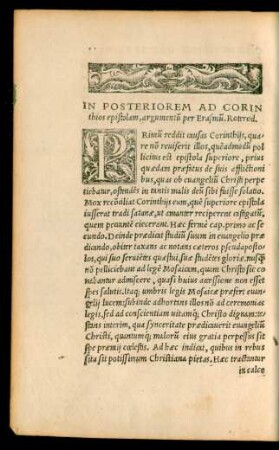 In Posteriorem Ad Corinthios epistolam, argumentum per Erasmum Roterod.
