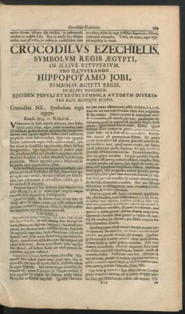 Crocodilus Ezechielis, Symbolum Regis Aegypti, In Illius Vituperium, Pro Illustrando Hippopotamo Jobi, Symbolo Aegypti Regis, In Illius Honorem. ...