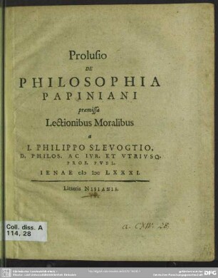 Prolusio De Philosophia Papiniani praemissa Lectionibus Moralibus