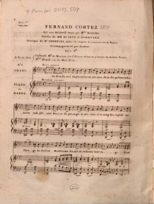 Fernand Cortez : acte 1er ; air avec récitatif chanté par Mme. Branchu