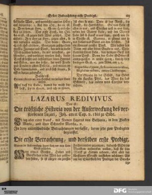 Lazarus Redivivus. Das ist: Die tröstliche Historia von der Auferweckung des verstorbenen Lazari.