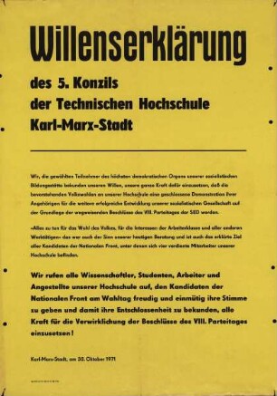 Willenerklärung des 5. Konzils der Technischen Hochschule Karl-Marx-Stadt
