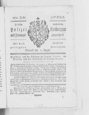 31tes Stück., Ausgabe vom 1. August 1781