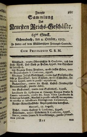 63tes Stuck. Schwabach, den 4. October, 1757.