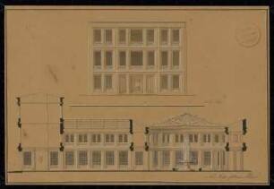 Passage, Berlin Monatskonkurrenz Februar 1832: Aufriss Straßenansicht, Längsschnitt; Maßstabsleiste