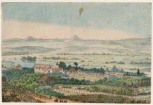 Ansicht von Pillnitz bei Dresden, Kupferstich, um 1825 : [Vue de Pillnitz auprés de Dresde] / [dessiné et gravé par Jentzsch]. - Nicht ermittelbar , [um 1825]. - 1 Kunstblatt : Kupferstich, koloriert ; Blatt- und Bildgröße 14 x 21 cm // Nachdruck eines Ausschnittes von !1323058834! : "Vue de Pillnitz auprés de Dresde, um 1800". Mit Nachträgen