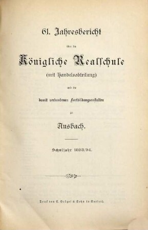 Jahresbericht über die Realschule mit Handelsabteilung zu Ansbach. 1893/94