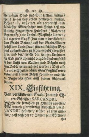 XIX. Einführung. Von verschidenen Grab-In-und Ehren-Schrifften Sarcandri
