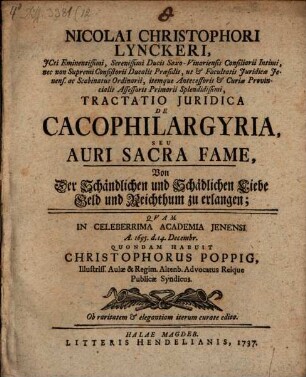 Tractatio iur. de cacophilargyria, seu auri sacra fame