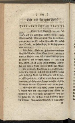 Vier und siebzigster Brief. Fräulein Howe an Clarissa. - Acht und siebzigster Brief. Lovelace an Belford.