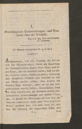 I. Physiologische Untersuchungen, und Versuche über die Vitalität