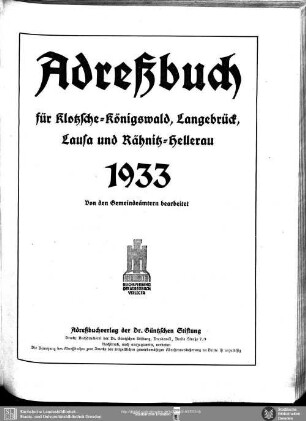 Adressbuch für Klotzsche-Königswald, Langebrück, Lausa und Rähnitz-Hellerau 1933