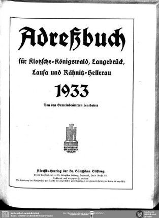 Adressbuch für Klotzsche-Königswald, Langebrück, Lausa und Rähnitz-Hellerau 1933