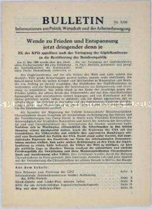 Illegales Informationsblatt der KPD "Bulletin" u.a. mit einer Erklärung des Zentralkomitees der KPD zum Scheitern der Pariser Gipfelkonferenz