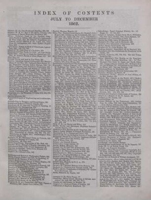 INDEX OF CONTENTS JULY TO DECEMBER 1862.