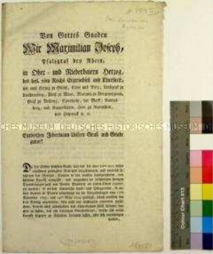 Bekanntmachung der Kurfürstlichen General-Landes-Direktion für Baiern in München 1799