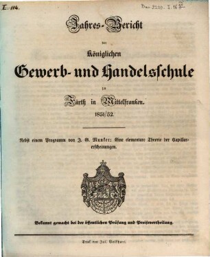 Jahresbericht der Königlichen Gewerb- und Handelsschule zu Fürth in Mittelfranken. 1851/52 (1852)
