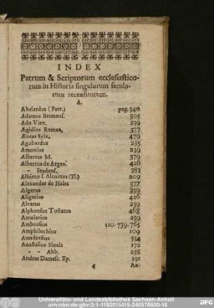 Index Patrum & Scriptorum ecclesiasticorum in Historia singulorum seculorum recensitorum.