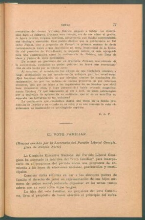 El voto familiar : (Noticia enviada por la Secretaria del Partido Liberal Georgista de Buenos Aires)