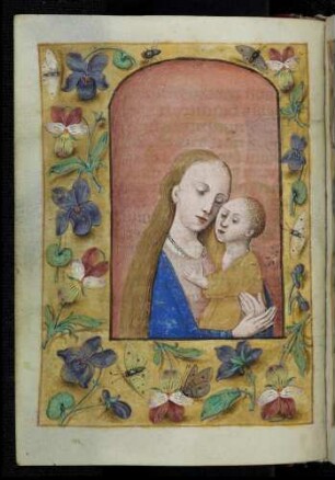 Miniatur-Seite: (Marienoffizium) Madonna mit Kind; Trompe l'oeil-Rahmen mit Blütenzweigen und Insekten