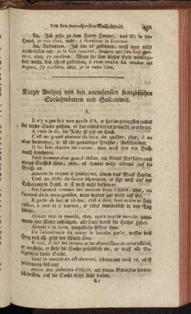 Kurzer Auszug von den vornehmsten französischen Sprüchwörtern und Gallicismis.