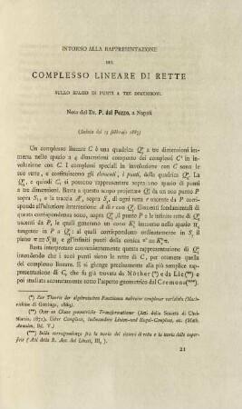 Intorno all rapresentazione del complesso lineare di rette sullo spazio di punti a tre dimensioni.