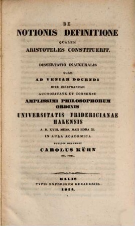 De Notionis Definitione Qualem Aristoteles Constituerit : Dissertatio Inauguralis