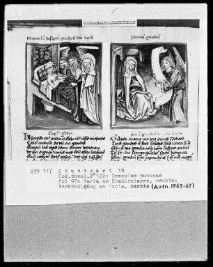 Zwei Schriften — Speculum humanae salvationis — Textseite mit zwei Miniaturen, Folio 97verso