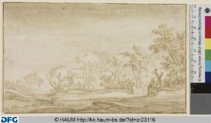 Landschaft mit Bäumen, Hütten und einem geöffneten Zauntor