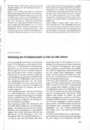 Gründung der Forstlehranstalt zu Kiel vor 200 Jahren
