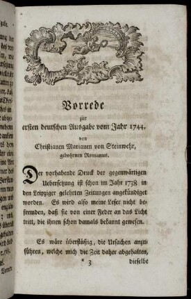 Vorrede zu ersten deutschen Ausgabe vom Jahr 1744. von Christianen Marianen von Steinwehr, gebohrnen Romanus.