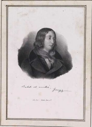 'Salut et amitie', George - Lith(ographische) Anst(alt) v(on) Pobuda, Rees et Cie.' Porträt mit Widmung; Lithographie