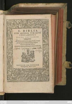 S. Biblia || CVM VETERIS, TVM NOVI || TESTAMENTI,|| IVXTA EDITIONEM || uulgatam:|| Ad Hebraicam ueritatem, et probatiß. ac manu-||scriptorum exemplarium fidem diligen=||tißimè recognita et restituta.|| Accessit hac editione, uersuum per numeros distinctio.||